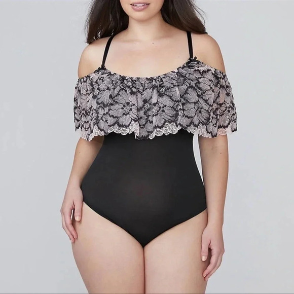Cacique Sheer Pink Floral Lace Off The Shoulder Black Bodysuit Size 14/16 - Picture 1 of 10